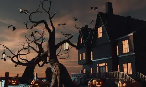 Ett kusligt hus med fladdermöss i skyn, pumpor och en knotig träd. Perfekt för dina halloween filmer.