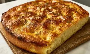 En gyllene, fluffig focaccia med rosmarin och flingsalt, perfekt för ditt nästa focaccia recept.