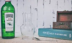 Butelka Lubuski Gin, pusta karafka, łyżka barmańska i książka "Cocktails The Bartender's Bible" sugerują przygotowanie drinków.