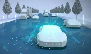 Vehículos autónomos y camiones en una carretera futurista, conectados por **sistemas de ayuda a la conducción** y datos digitales.