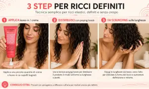 Donna mostra come definire i suoi **capelli ricci** con una crema leave-in, applicandola e poi facendo scrunching.