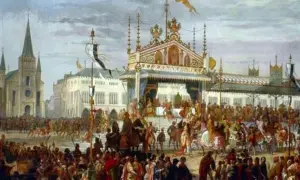 Gemälde einer feierlichen Prozession mit vielen Menschen, Pferden und prunkvollen Gebäuden.