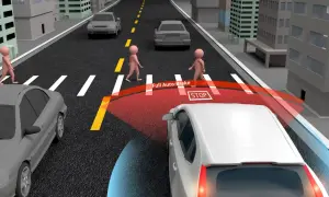 Une voiture blanche avec système afu voiture détecte des piétons traversant la rue, affichant "STOP" et activant le freinage automatique.