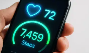 Na ekranie telefonu widać neonowy krokomierz aplikacja: 7459 kroków i tętno 72.