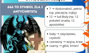 Symbolika liczby 7 w Biblii: doskonałość, pełnia. Obok demon, krzyż i otwarta księga. 666 to symbol zła.