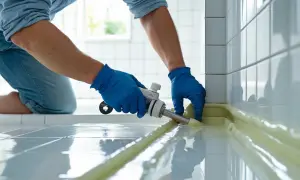 Person med blå handskar applicerar fogmassa för att byta silikonfog i badrummet.