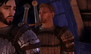 Dwóch rycerzy w zbrojach, jeden z brodą, drugi z krótkimi włosami. Scena z gry Dragon Age Origins, idealna do polskiego spolszczenia.