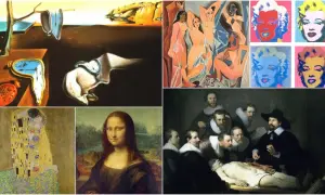 Kolaż przedstawia różne style w malarstwie: surrealizm Dalego, kubizm Picassa, pop-art Warhola, secesję Klimta, renesans Leonarda da Vinci i barok Rembrandta.