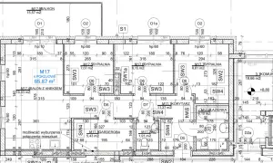 Rzut mieszkania z wymiarami: 4 pokoje, 65,87 m², salon z aneksem 19,03 m², 3 sypialnie, garderoba, łazienka, komunikacja.