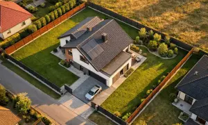 Nowoczesny dom z panelami słonecznymi i zadbanym ogrodem. Obiekt małej architektury, jak altana, jest widoczny w oddali. Odległość od granicy działki jest zachowana.