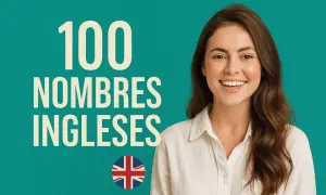 Una mujer sonríe junto a "100 NOMBRES INGLESES". Descubre apellidos ingleses elegantes para tu bebé.