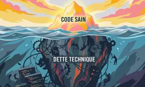 Iceberg : "Code Sain" au sommet, "Dette Technique" cachée sous l'eau avec des engrenages et des démons. Le stack web est complexe.