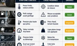 Tableau comparant les symptômes de pression des pneus, leurs causes probables et l'urgence. Une ligne indique "Pneu chaud, lecture faussée" pour une pression pneu à chaud.
