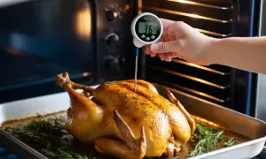 En hand mäter kycklingens innertemperatur med en digital termometer. Den gyllene kycklingen ligger i en ugnsform med rosmarin.