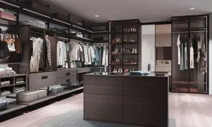 Elegante ankleidezimmer ideen mit dunklen Holzmöbeln, Kleiderstangen, Schuhregalen und einer zentralen Kommode.