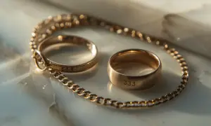 Dwa złote pierścionki i łańcuszek. Jeden pierścionek ma wygrawerowane "333", drugi "<5". Całość wygląda jak symboliczny prezent, może nawet warty 1 gram złota.