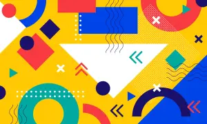 Żółte tło z geometrycznymi kształtami: koła, kwadraty, trójkąty, łuki i linie faliste. Wyrazisty, nowoczesny styl graficzny.