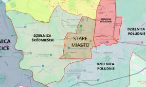 Mapa administracyjna Tarnowa z zaznaczonymi dzielnicami: Śródmieście, Stare Miasto, Osiedlowa, Południe. Widać też fragmenty Mielca.