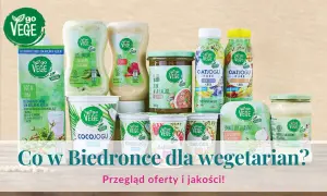 Różnorodne produkty roślinne marki Go Vege: sosy, jogurty, napoje, smalczyk i majonez.