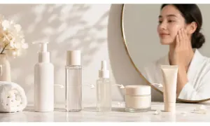 I prodotti per la cura della pelle mostrati seguono i passaggi per una routine perfetta. Una donna si guarda allo specchio, applicando la crema.