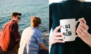 Två män vid havet, en med solglasögon, och en hand som håller en mugg med texten "LIKE A BOSS". Kanske ett tecken på otydligt ledarskap i en avslappnad miljö.