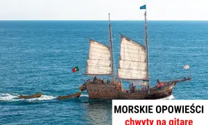 Żaglowiec z portugalską flagą na morzu, jak z morskie opowieści. Dwie łodzie towarzyszą mu w rejsie.