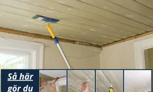 Steg för steg hur du kan laga innertak. Bilden visar en person som arbetar med taket, med verktyg och material.