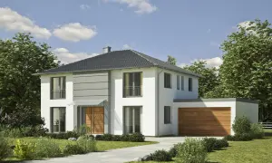 Modernes Haus mit Satteldach und Walmdach-Elementen, umgeben von grünen Bäumen und gepflegtem Garten.