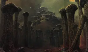 Mroczny, surrealistyczny krajobraz z grzybopodobnymi formacjami i schodkową górą w tle. To obraz końca świata, pełen niepokoju i tajemnicy.