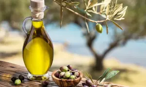 Caraffa di **olio di oliva** dorato accanto a una ciotola di olive fresche, sotto un ramo d'ulivo.