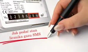 Jak podać stan licznika gazu SMS? Widoczny licznik gazu z cyframi 02185266. Dłoń z długopisem wskazuje na tekst.