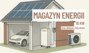 Dom z panelami słonecznymi na dachu, samochód w garażu i magazyn energii elektrycznej.