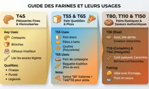 Guide des farines : T45 pour pâtisseries fines, T55/T65 pour pain quotidien et pizza. La différence farine t45 t55 est clé pour vos recettes.