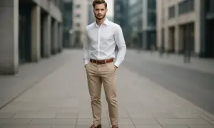Elegancki mężczyzna w białej koszuli i beżowych spodniach, idealny przykład, jaka bluzka do beżowych spodni pasuje.