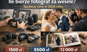 Ile kosztuje fotograf na wesele? Sprawdź ceny w 2026 roku: od 1500 zł do 12 000 zł. Zdjęcia pary młodej, sprzęt fotografa i album.