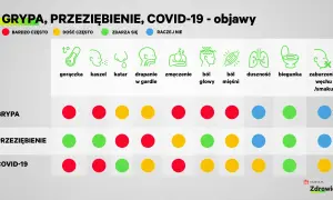 Porównanie objawów grypy, przeziębienia i COVID-19. Tabela pokazuje, jak często występują gorączka, kaszel, katar, ból gardła, zmęczenie, ból głowy, mięśni, duszność, biegunka i zaburzenia węchu/smaku.