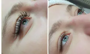 Efekt liftingu i przyciemnienia rzęs. Porównanie henna rzęs przed i po zabiegu.