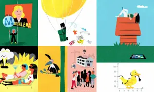 En illustration med flera scener: en politiker, en varmluftsballong med sopor, en person på ett hundhus, en explosion, en fågel och en byggarbetsplats. Allt för att visa hur vi kan prosper svenska.