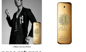 Elegancki mężczyzna w garniturze prezentuje flakon Paco Rabanne 1 Million Parfum, symbol luksusu i bogactwa.