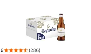 Scatola da 24 bottiglie di Hoegaarden Wit Blanche, con una singola bottiglia in primo piano. La birra ha 4,9% vol.