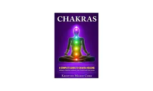 Okładka książki "Chakras" z sylwetką w pozie medytacyjnej i kolorowymi czakrami.