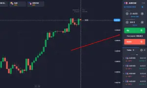 Gráfico de velas muestra operaciones binarias en AUD/CAD. El precio sube, con una inversión de 200 $ y un pago potencial de 358 $.