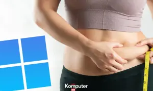 Osoba mierzy talię miarką, obok widoczne logo Windows. Czyżby nowy sposób na odchudzanie Windows 10?