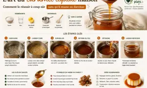 Guide pour réussir un caramel liquide maison, de la dissolution à la dégustation. Le caramel est versé dans un bocal.