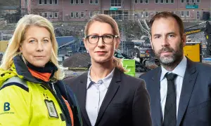 Tre personer framför en byggarbetsplats. De arbetar för att återskapa tillit i byggbranschen.