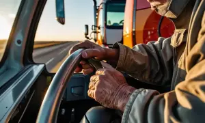 Manos curtidas al volante de un camión, con su carnet de conducir BTP a buen recaudo. El sol del atardecer ilumina la carretera.