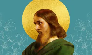 Portret mężczyzny z brodą i długimi włosami, otoczonego złotym nimbem. W tle stylizowane lilie. Może to być wizerunek pierwszej żony św. Józefa.