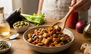 Une cuillère sert une généreuse portion de caponata sicilienne, un plat coloré d'aubergines, olives et tomates, prêt à être dégusté.