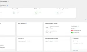 Panel LiteSpeed Cache z podsumowaniem statystyk QUIC.cloud. Widoczna konfiguracja cache, optymalizacja obrazów i status crawlera.