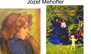 Dwa obrazy Józefa Mehoffera w stylu malarstwa secesyjnego: portret kobiety i scena z dziećmi w ogrodzie pod wielką ważką.